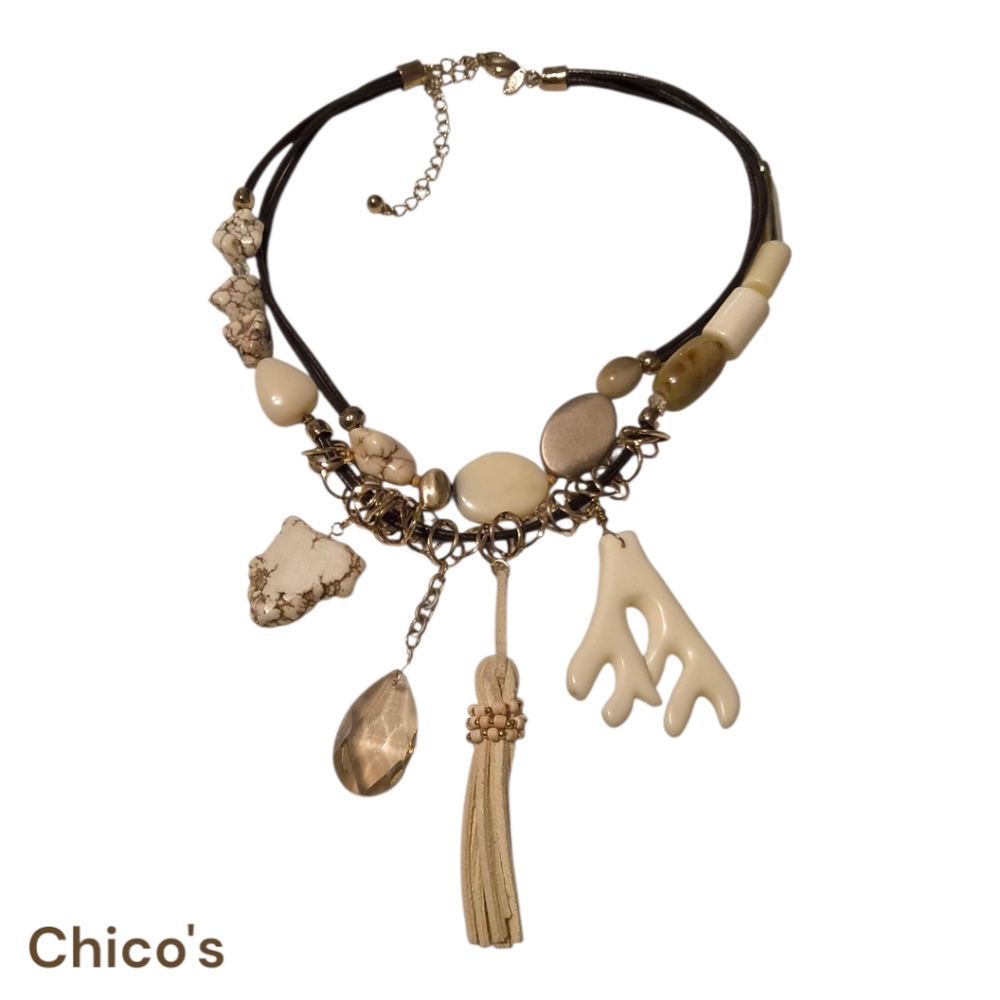 Chico's Boho Double Strand Statement Necklace with Mixed Beads and Stones